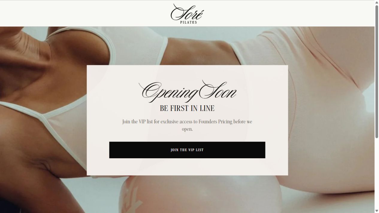 Sorè Pilates opening-soon website inviting visitors to join its VIP list