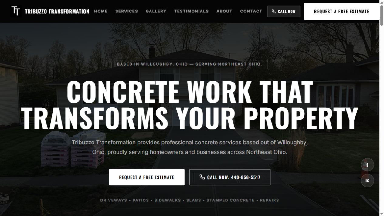 Tribuzzo Transformation website featuring a Northeast Ohio home and an estimate request